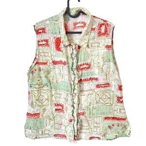 Putumayo Vintage 70s 80s 100% Linen Sleeveless Patterned Top Ruffle Front Button